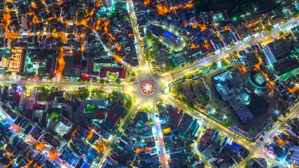 Aerial view of the coastal city of Nha Trang at night. This is a famous city for cultural tourism in central Vietnam