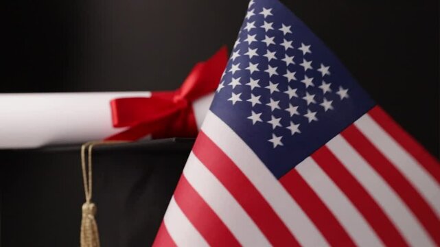 American education and language learning, graduation cap with diploma and flag of USA, celebrate international study and knowledge