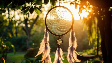 Obraz premium A dream catcher hanging from a tree in the sun, AI