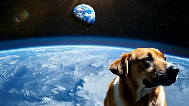 Dog in space with Earth in the background
