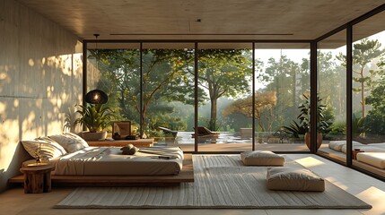 Elegant minimalist bedroom with floor-to-ceiling windows and minimal furnishings.
