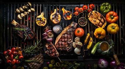 A grill is full of food including meat, vegetables, and fruit
