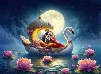 radha krishna boating river yamuna, lotus full moon night , swan bird,janmastami ,abstract , wallpaper