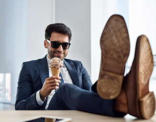 Businessman in sunglasses eating ice cream cone and resting feed on desk | vacation mode | business success | Corporate culture
