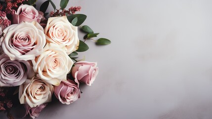 Elegant bouquet of blush and white roses on a gray background.