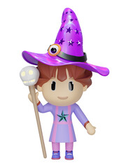 3d cute little witch hand holding head skull staff with hat isolated. 3d illustration render