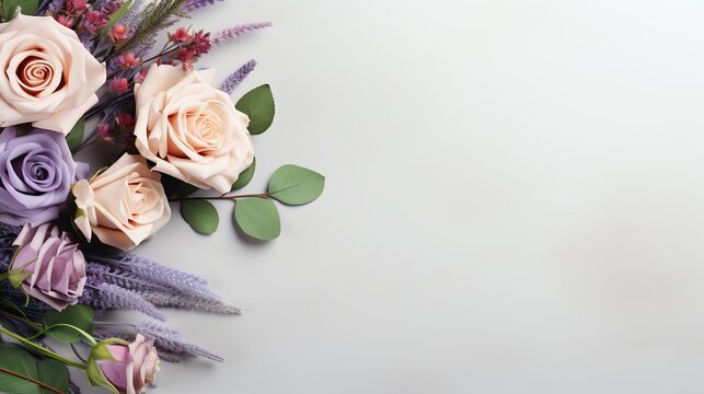 Elegant floral arrangement with pink and purple roses and greenery on a white background.