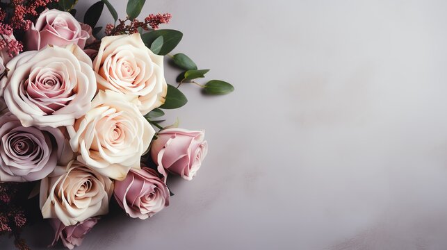 Elegant bouquet of blush and white roses on a gray background.