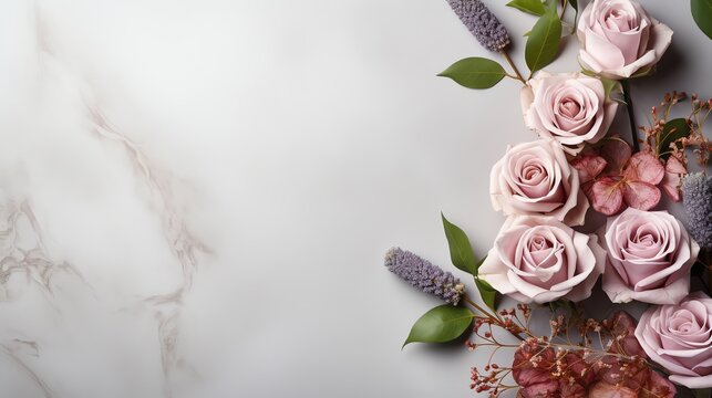 Pink Roses on Marble Background &ndash; Elegant Luxury Floral Frame, Wedding Invitation, Beauty Branding Backdrop