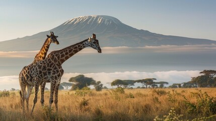 Obraz premium Two giraffes standing in a field with a mountain in the background