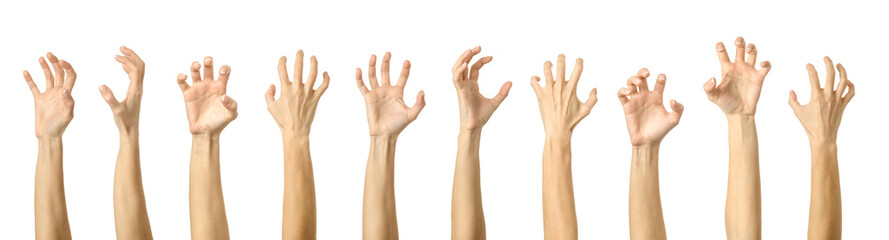 Scratch, catch or grab something. Multiple images set of female caucasian hand with french manicure showing Scratch gesture