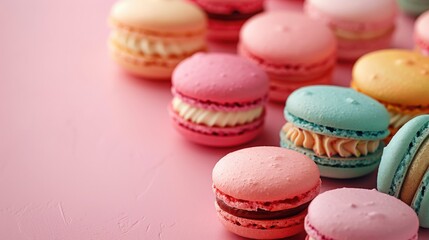 Fototapeta premium Colorful Assorted French Macarons on Pink Background - Sweet and Delicious Dessert Treats