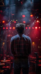 Back view of a performer standing on stage with dramatic red lighting, ready to entertain an audience in a vibrant setting.