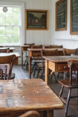 Vintage Classroom with Wooden Desks and Chalkboards in a Bright, Sunlit Room