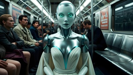 An artificial intelligence robot in a dress rides the subway