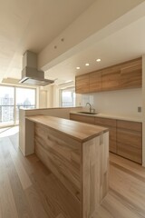 Modern Minimalist Kitchen with Wooden Cabinets and Island in a Bright Apartment
