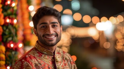 Fototapeta premium Smiling man in traditional attire amidst festive lights and colorful decorations, celebrating cultural festivities at night.