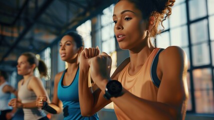 Fototapeta premium Determined Women Exercising Together in a Modern Fitness Studio