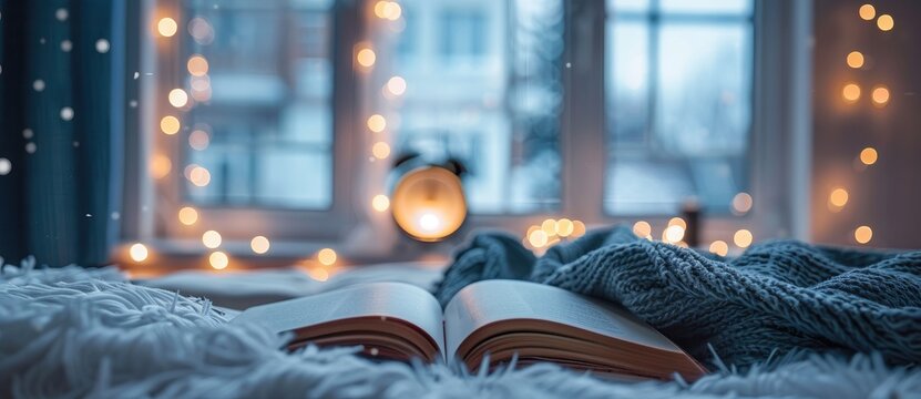 Cozy home interior with an open book and alarm clock on the bed, winter time concept with a blurred background and bokeh lights of the window in the style of the window