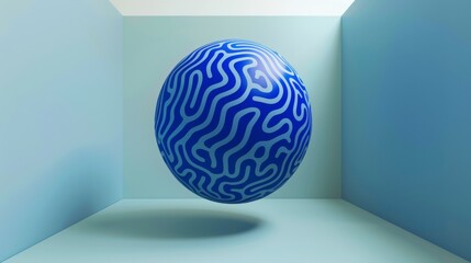 A blue sphere with a wavy pattern is floating in a room