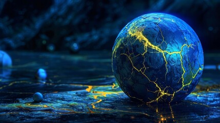 A blue and yellow ball with cracks on it is on a rocky surface