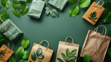 Eco-friendly paper bags and green leaves on a green background, promoting sustainable and environmentally friendly shopping practices.