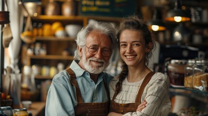 Obraz premium Elderly man and young woman wearing aprons, standing in a cozy cafe, smiling warmly at the camera, surrounded by jars and shelves.