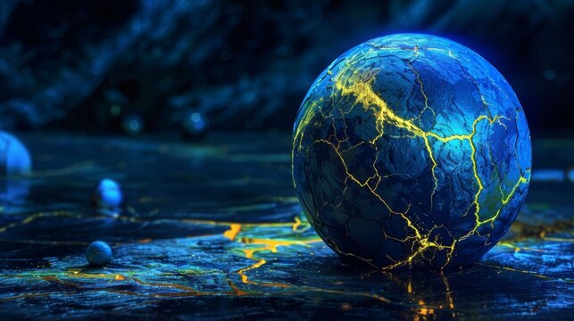 A blue and yellow ball with cracks on it is on a rocky surface