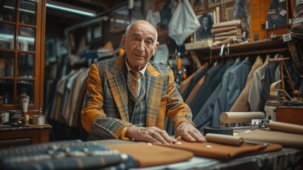 Obraz premium Elderly tailor working in a traditional shop with various fabrics and suits. Vintage sewing room interior filled with textiles and craftsmanship tools.