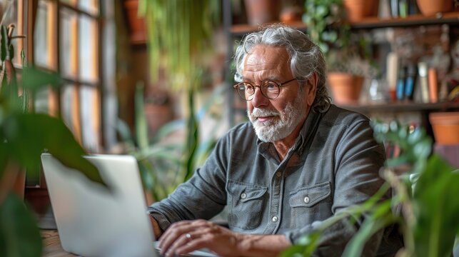 Elderly man working on laptop in a cozy, plant-filled room, focused and engaged in a sunny environment.