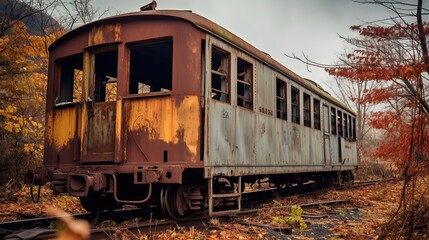 Fototapeta premium Abandoned train carriage in autumn forest in Japan