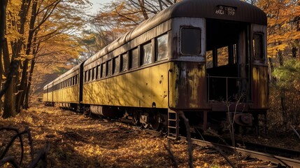 Obraz premium Abandoned train wagon in autumn forest in Japan