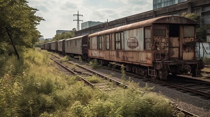 Obraz premium Abandoned train wagons at an overgrown railway station