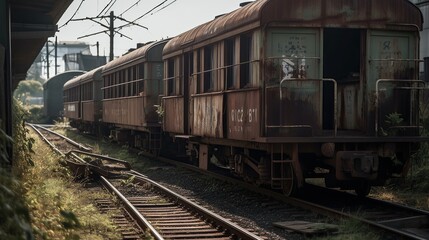 Fototapeta premium Abandoned train station with rusty goods train wagons