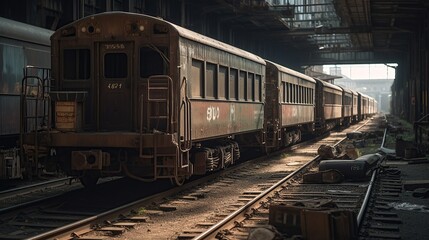 Fototapeta premium Abandoned goods train station with vintage cargo wagons