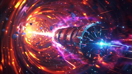 A spacecraft glides through a vibrant wormhole, surrounded by swirling lights and pulsating energy.
