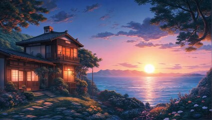 Obraz premium Traditional Japanese House by the Ocean at Sunset