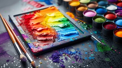 Obraz premium Colorful Paint Set with Palette and Brushes, Art Supplies for Painting, Art Supplies for Pa