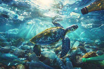 Obraz premium Plastic pollution in ocean.Turtles can eat plastic mistaking them for jellyfish