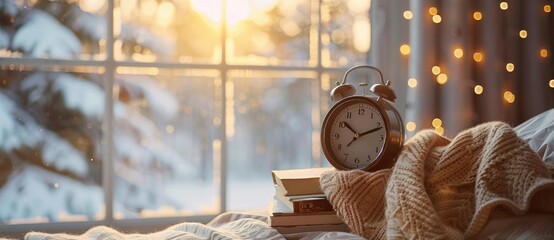 Cozy home interior with an open book and alarm clock on the bed, winter time concept with a blurred background and bokeh lights of the window in the style of the window