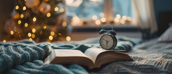 Cozy home interior with an open book and alarm clock on the bed, winter time concept with a blurred background and bokeh lights of the window in the style of the window
