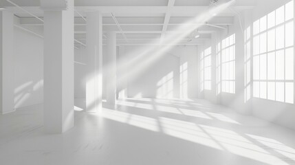 A large, empty white room with a lot of windows