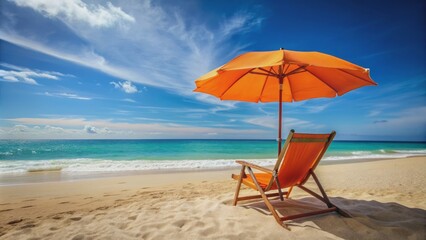 Vibrant orange umbrella shading a comfortable beach deck chair on a sandy shore, perfect for summer vacation relaxation advertising.