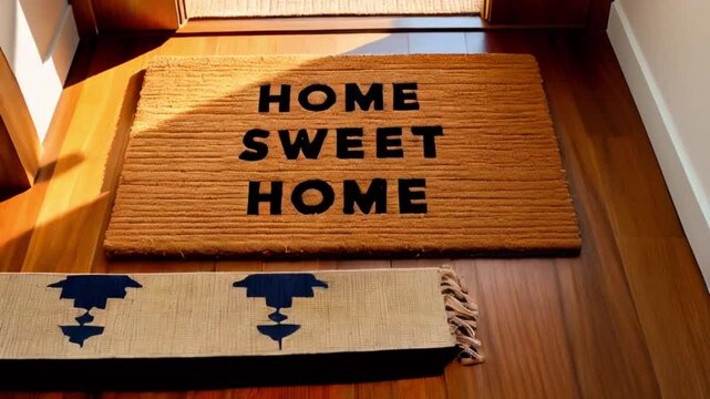A rectangular coir doormat with "HOME SWEET HOME" in bold, black uppercase letters, set on a polished wooden floor. A narrow beige rug with dark blue patterns and fringes adds to the cozy scene. 