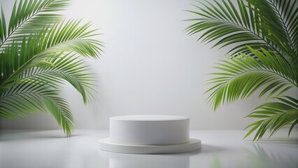 Elegant, isolated, white cylindrical pedestal with lush coconut leaves against a clean wall, perfect for showcasing luxurious beauty products.