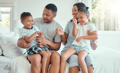Happy family, parents and tickle kids in bedroom for funny game, bonding or playing together in...
