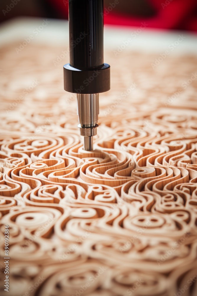 Poster precision wood carving cnc router creating detailed design with intricate lines and textures