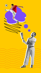 Man doing daily routine of dusting with his imaginative escape into soccer against yellow background. Contemporary art collage. Concept of sport, dreams, domestic shores, retro style
