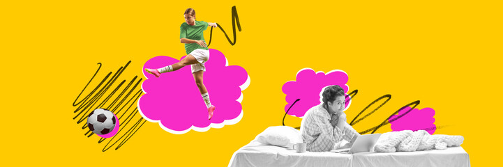 Young woman in pajamas working on laptop in bed and dreaming of soccer game on bright yellow background. Contemporary art collage. Concept of sport, dreams, domestic shores, retro style