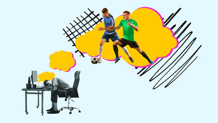 Young man, freelancer, student sleeping on desk with vibrant soccer scene in his dreams. Dynamic dreams of sport. Contemporary art collage. Concept of sport, dreams, domestic shores, retro style